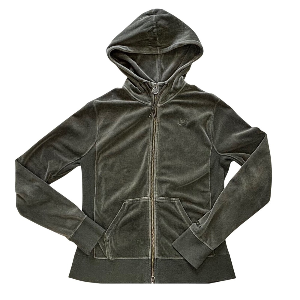 Nike Sportswear Velour Full Zip Hoodie Olive Green Y2K Style Women Large 12-14
